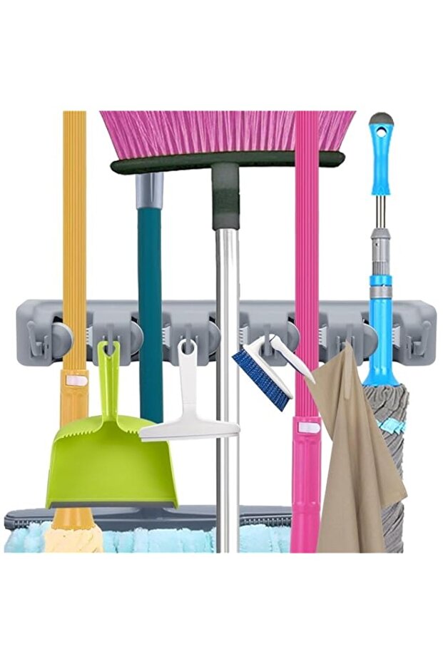 Sulfar Mop and Broom Holder Wall Mount | 5 Position with 6 Hooks | Garden Tool Organizer Rack for Kitchen, Garage, Laundry, Office | Space-Saving Storage | Black