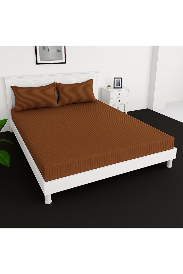 Extra Deep Fitted Elastic Bedsheet Set With Pillow Covers (Brown, Single (90x190+30CM))