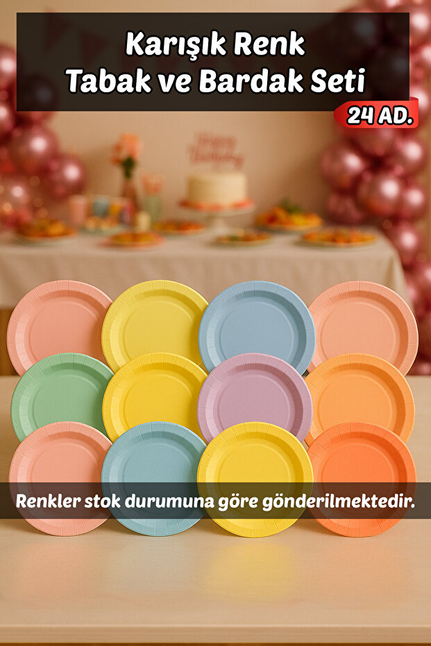 24 Adet Tabak 24 Adet Bardak Toplam 48 Parça Karışık Renklerde Asorti Parti Piknik Seti - 7