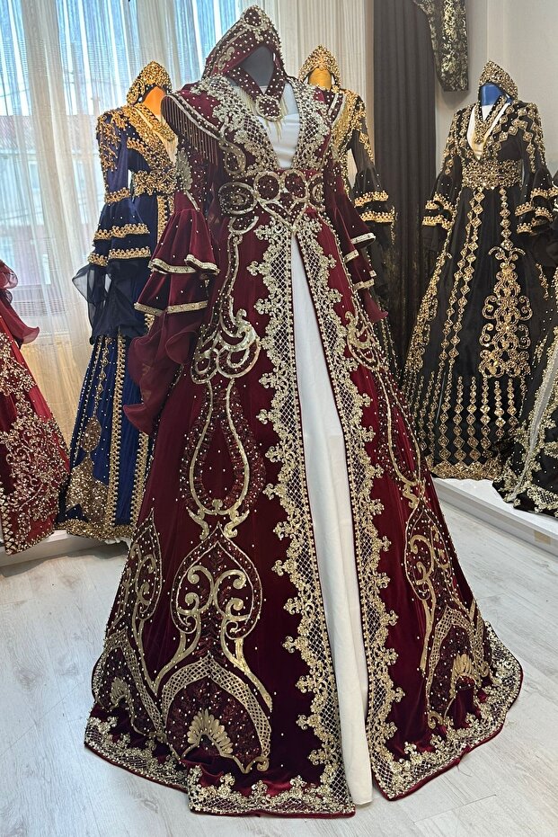 Bordo Kadife Altın İşlemeli Bindallı Kaftan Takımı – Taç, Kemer, Kolye ve Tarlatan Dahil - 5