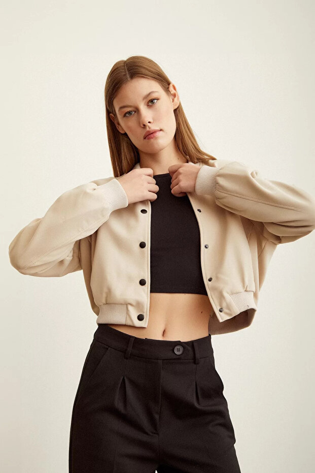 Basic Kısa Kadın Bej Ceket - 4