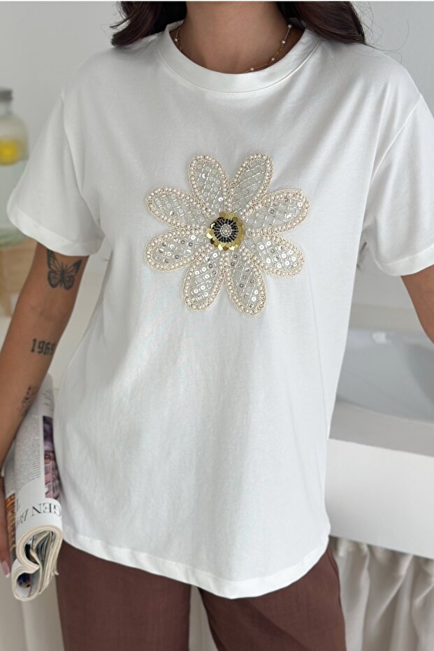 White Pearl and Sequin Flower Embroidered Cotton T-Shirt