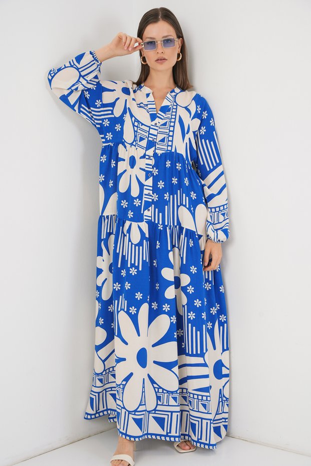 Women's Patterned Long Hijab Dress Blue 1155