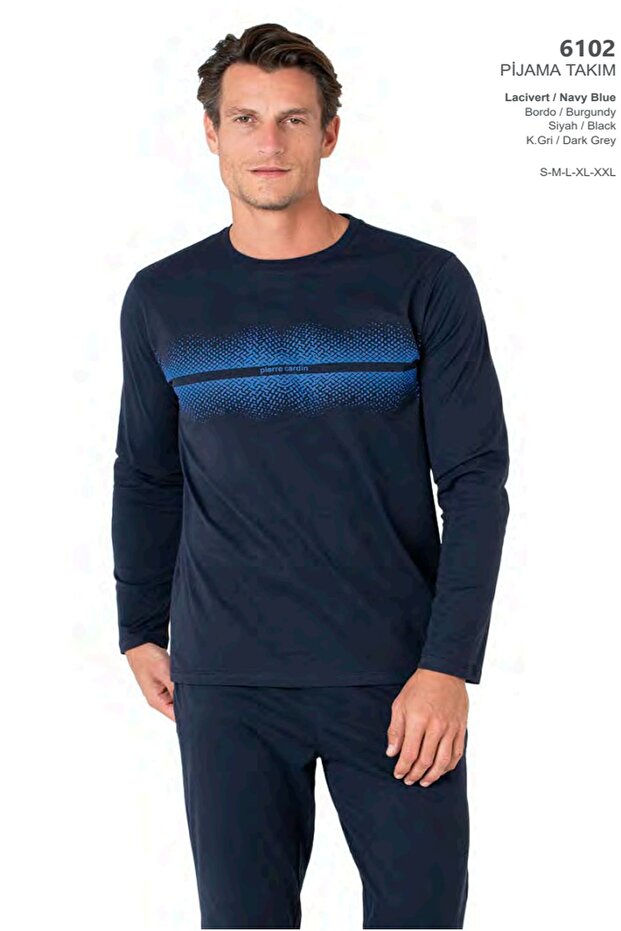 6102 Men's Long Sleeve Crew Neck Pajama Set-Navy Blue