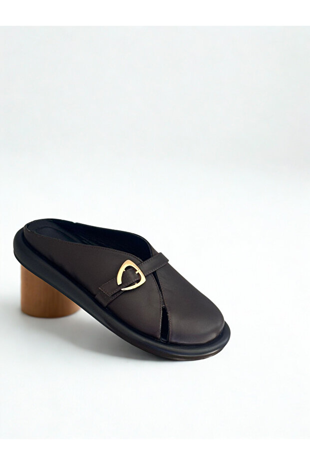 Brown Genuine Leather Buckle Women's Daily Comfortable Sabo Slippers