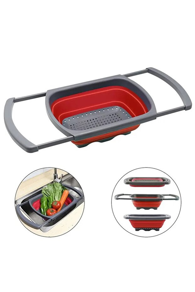 Silicone colander, foldable, extendable 33-60 cm, red - 2