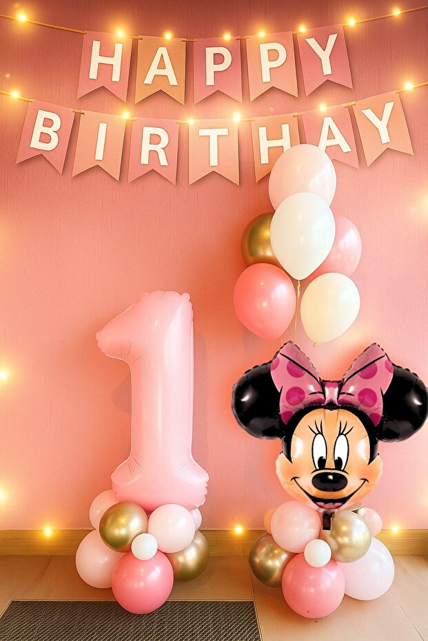 1 Year Old Minnie Mouse Pink Number Balloon Happy Birthday Written Banner Mini Mouse Balloon Pink Theme