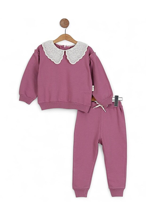 Kız Çocuk Basic Mevsimlik Brode Dantel Yakalı, Oversize, Kolu Fırfırlı, Şık Eşofman Takımı - 1