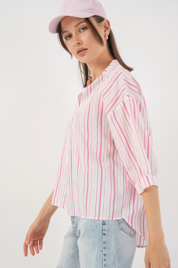 Kadın Çizgili Oversize Bluz 967 - Pudra - 4