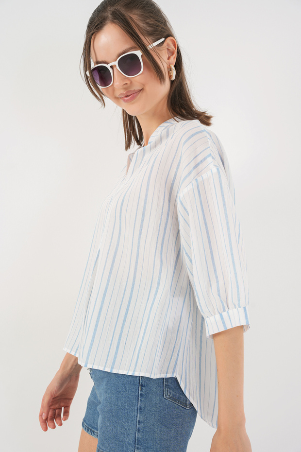Kadın Çizgili Oversize Bluz 967 - A.Mavi - 3