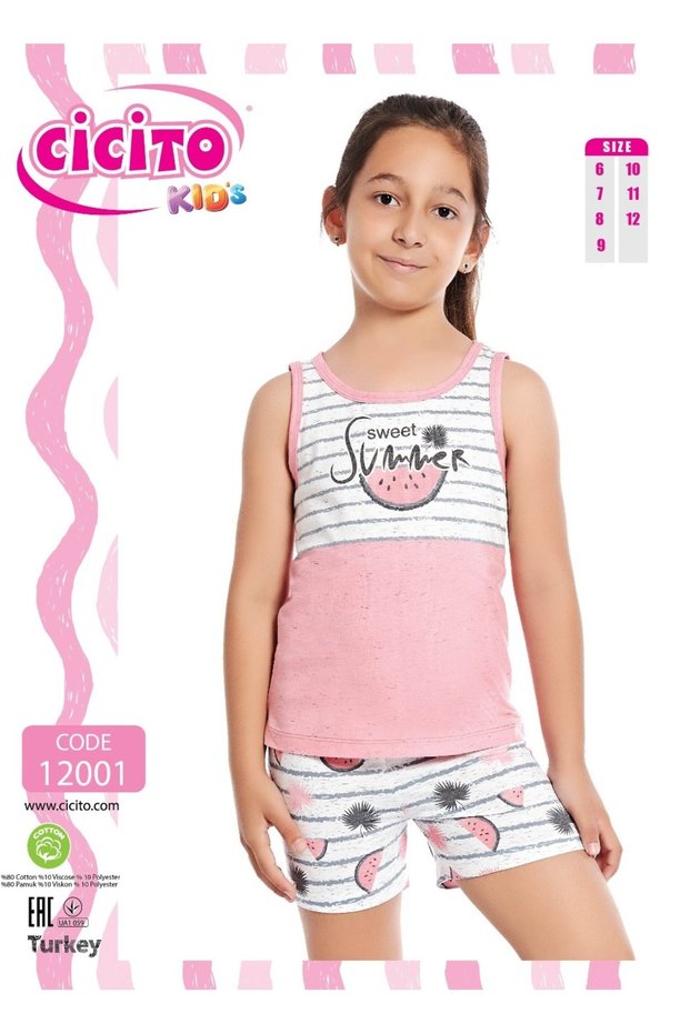 Girl's Cotton Crew Neck Short Sleeve Top with Shorts - Top and Bottom Set - B 12001