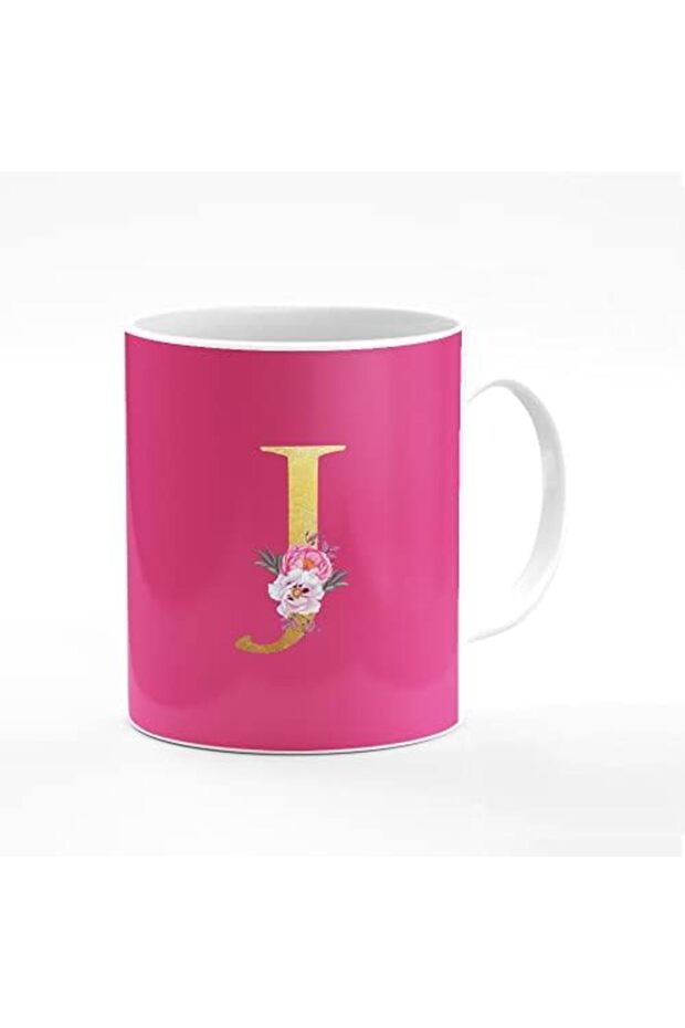 Designer Coffee Mug 11 oz Personalized Ceramic Gift Cup - Initial Letter J (Dark Pink)