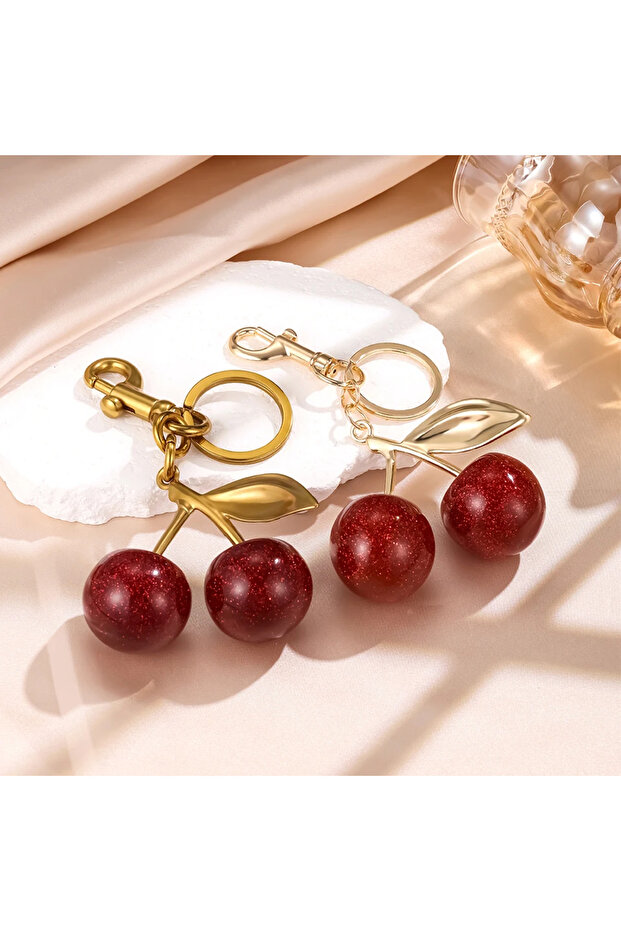 سلسلة مفاتيح وكيس إكسسوار كبير باللون الأحمر الكرزي اللامع - 5