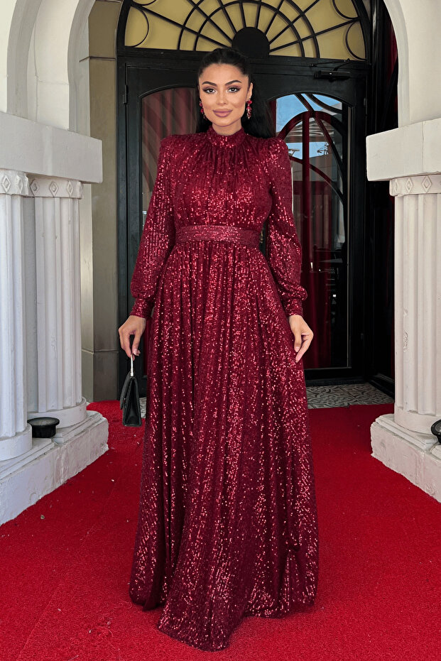 Sequin Tulle Sequin Fabric Gathered Detailed Kilos Dress - Bordo