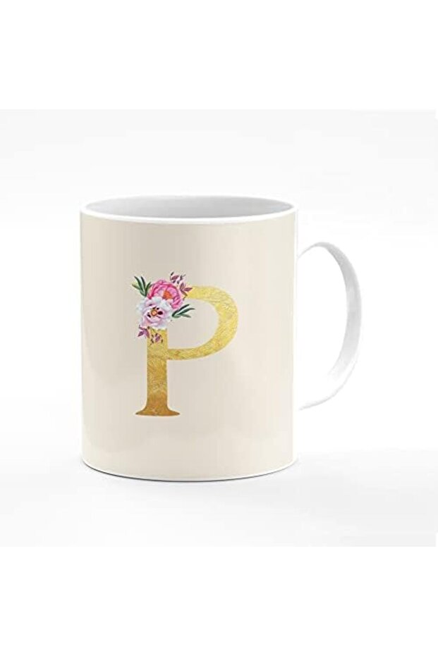Stylized Printed Designer Coffee Mug, 11 Ounce Ceramic Personal Gift Cup - Custom Initial with Flowe