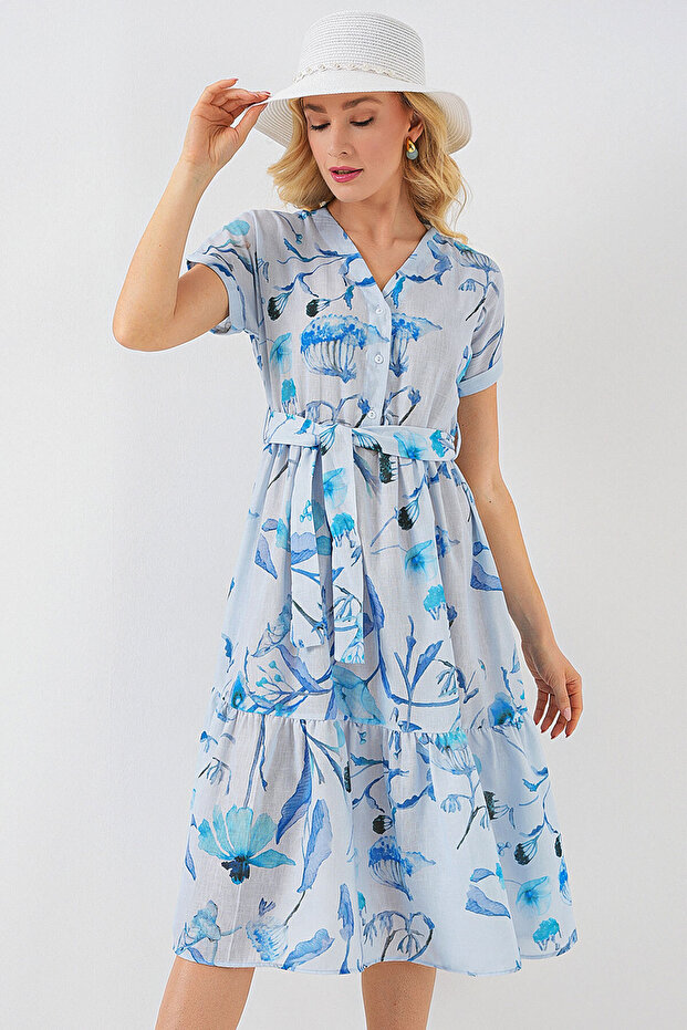 Women's Patterned Short Sleeve Dress Blue 1179