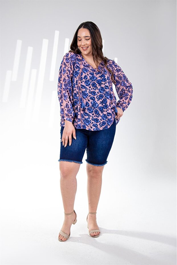 210062 Women's Plus Size Floral Chiffon Blouse Floral Blue