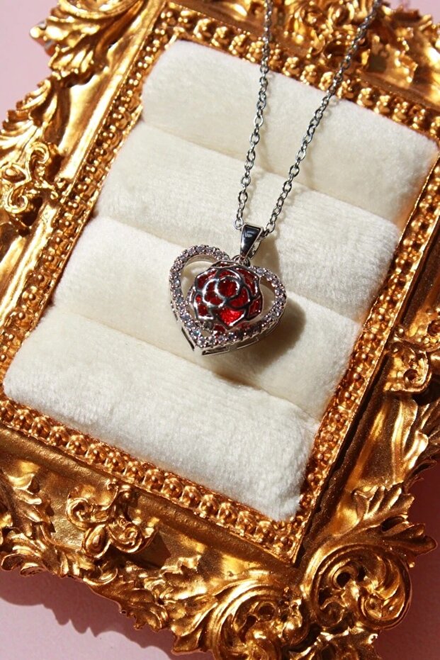 Steel Stone Heart Inside Cage Rose Necklace