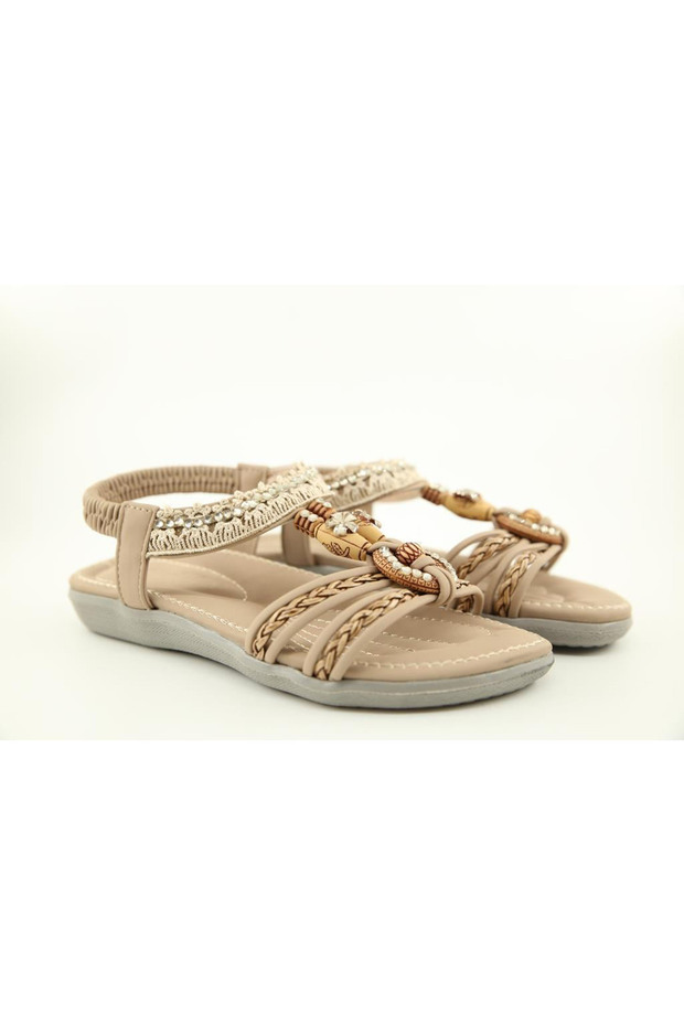 25Y146 Women's Beige Cream Stone Beaded Thick Thin Sole Orthopedic Sports Summer Daily Sports Sandals