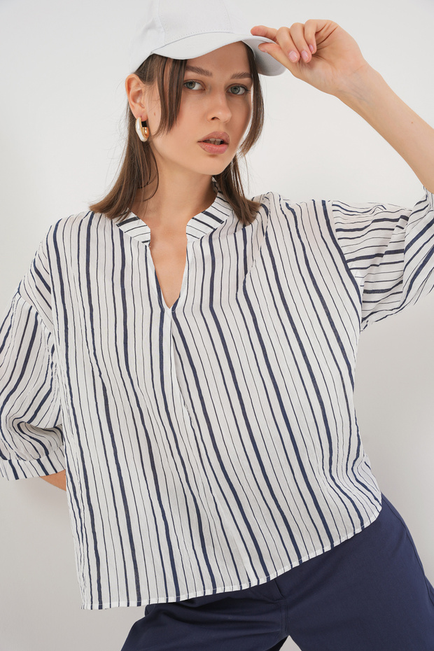 Kadın Çizgili Oversize Bluz 967 - F.Lacivert - 6