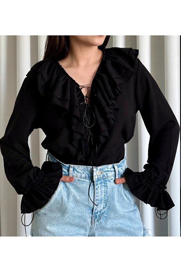 Blouse with Ruffled Collar and Sleeves, Long Sleeves