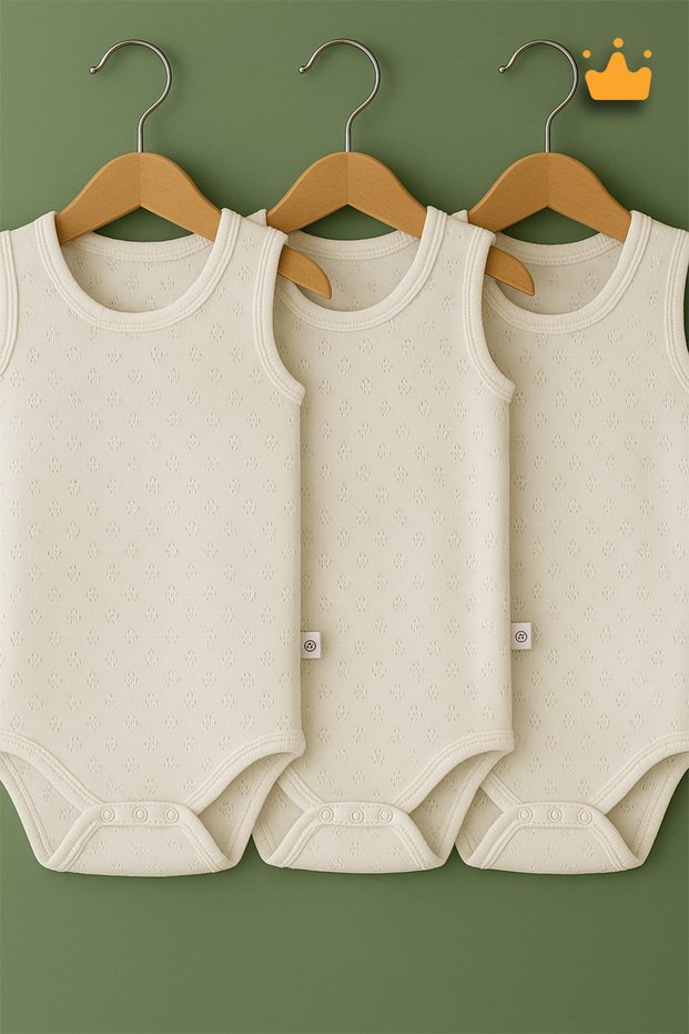 0-3 Years 100% Cotton Wide Strap 3-Piece Baby Badi Heart Patterned Woven Baby Snap Body Ecru 1080