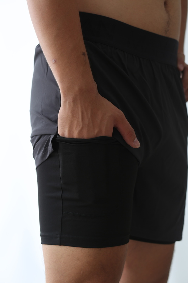 Man Of Man Erkek Yazılı Astarlı Koyu Antrasit Şort, Taytlı Şort, Fitness Şort, Antreman Şortu - 4