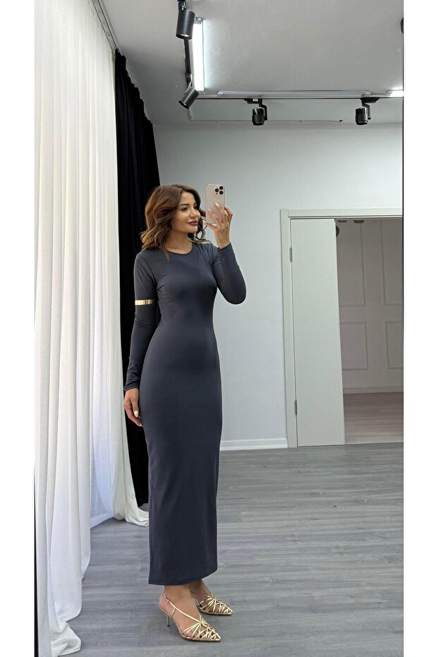 Back Detailed Long Basic Dress Anthracite - 1