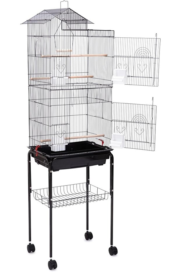 Roof Top Large Bird cage with Rolling Stand for Cockatiel Sun Conure Parakeet(Black)