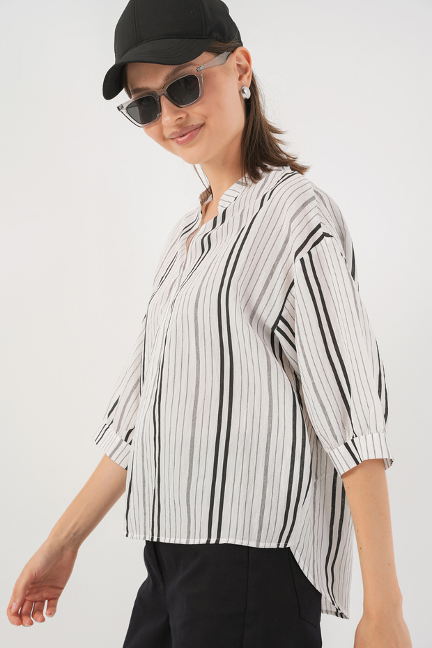 Kadın Çizgili Oversize Bluz 967 - Taş - 3