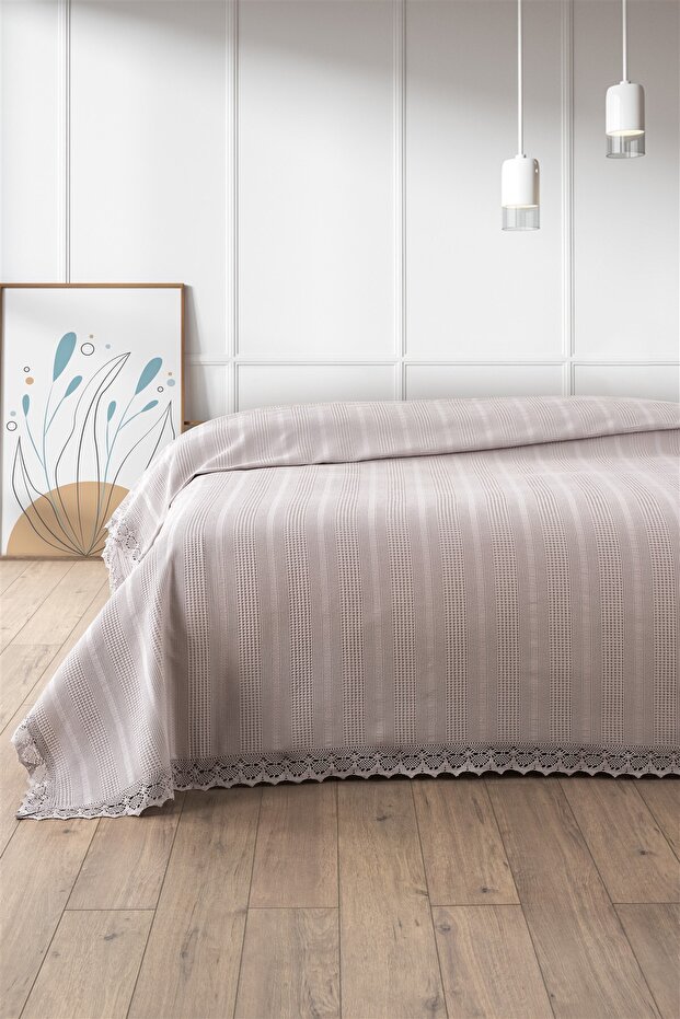 %100 Pamuk Petekli Dantelli Pike-Tek Kişilik Waffle Pike- 160x230 cm-Taş - 1