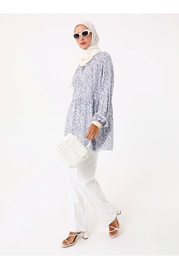 تونيك فيسكوز بطبعة زهور - منقوش باللون الأزرق- - 5