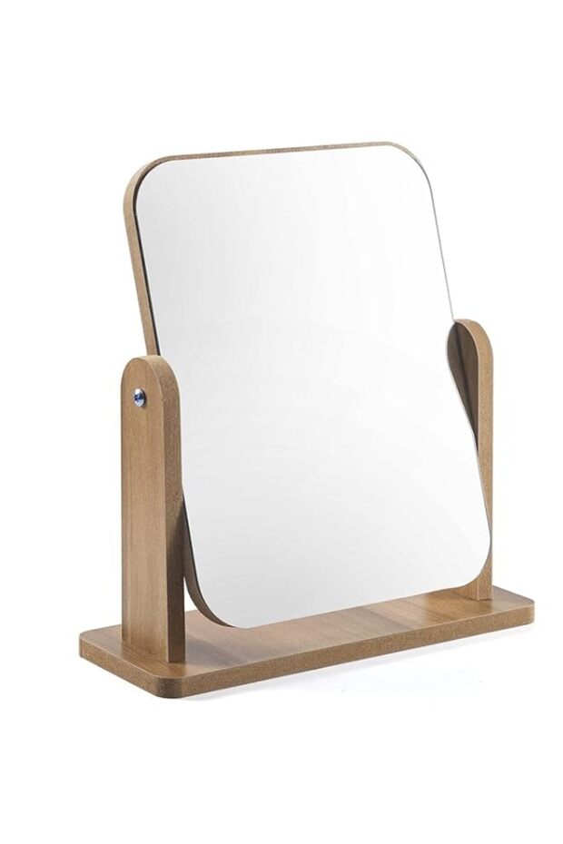 Double Sided Makeup Mirror with Bamboo Stand, Small Desk Table Mirror with 360° Rotation, Simple and Lightweight, Save Place, for Bathroom Countertops, Vanities, Dressing Tables