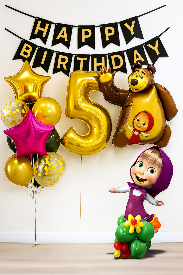 5 Year Old Masha and the Bear Golden Number Balloon Birthday Balloon Set Happy Birthday Banner