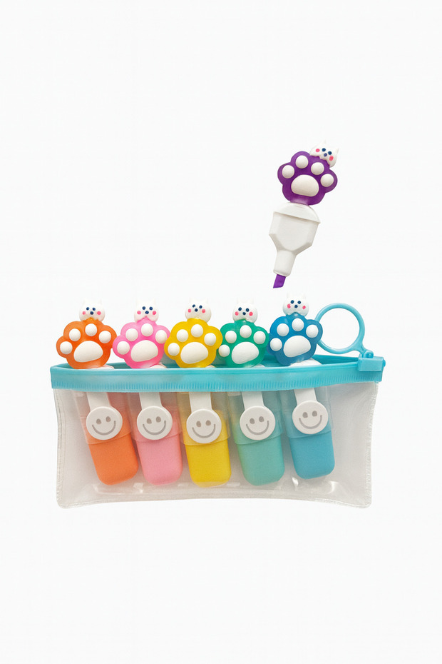 Set of 6 Colorful Paw Shaped Highlighters – Transparent Zipper Bag