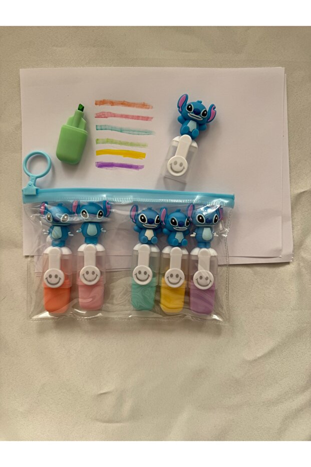Set of 6 Colorful Highlighters with Stitch Figures – Transparent Bag with Zipper