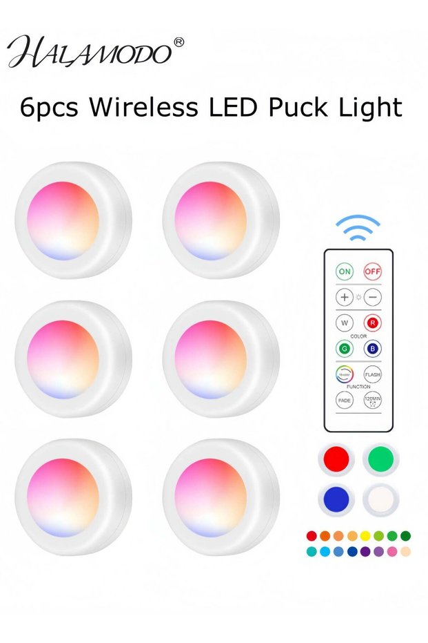 6pcs LED Puck Lights Wireless 16 Color Changing LED Under Cabinet Lighting Closet Light Battery Pow