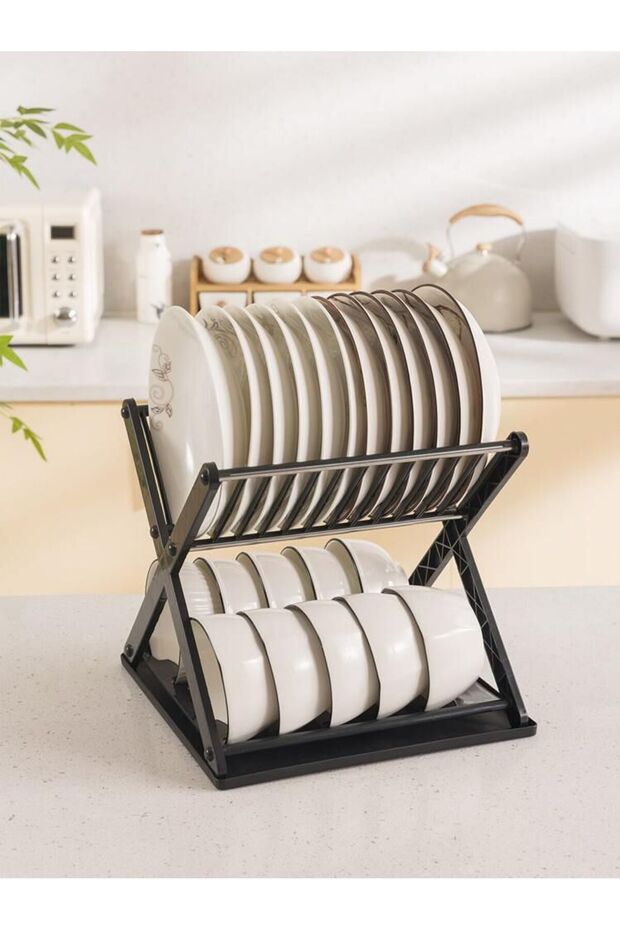 2-Tier Foldable Plastic Dish and Cup Drying Rack - 1