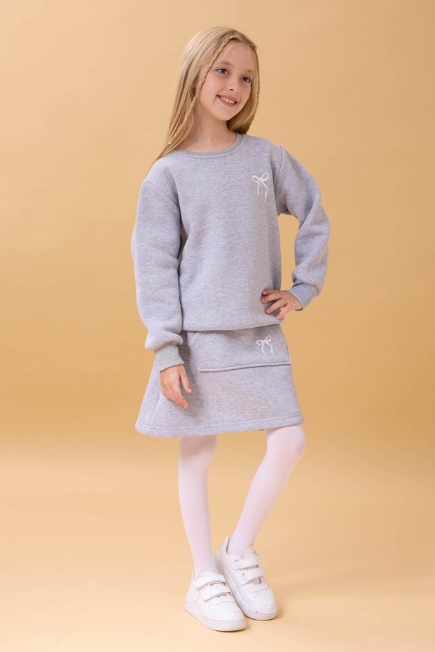 Girl's Embroidered Hooded Skirt College Suit – Gray