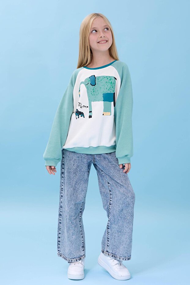 Girl's Elephant Printed Crew Neck Oversize Seasonal Sweatshirt - Ecru/Cagla