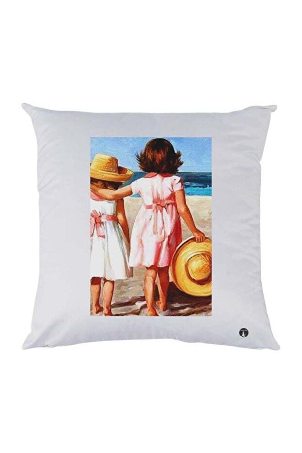Girls At Beach Printed Decorative Throw Pillow White/Blue/Beige 30x30cm