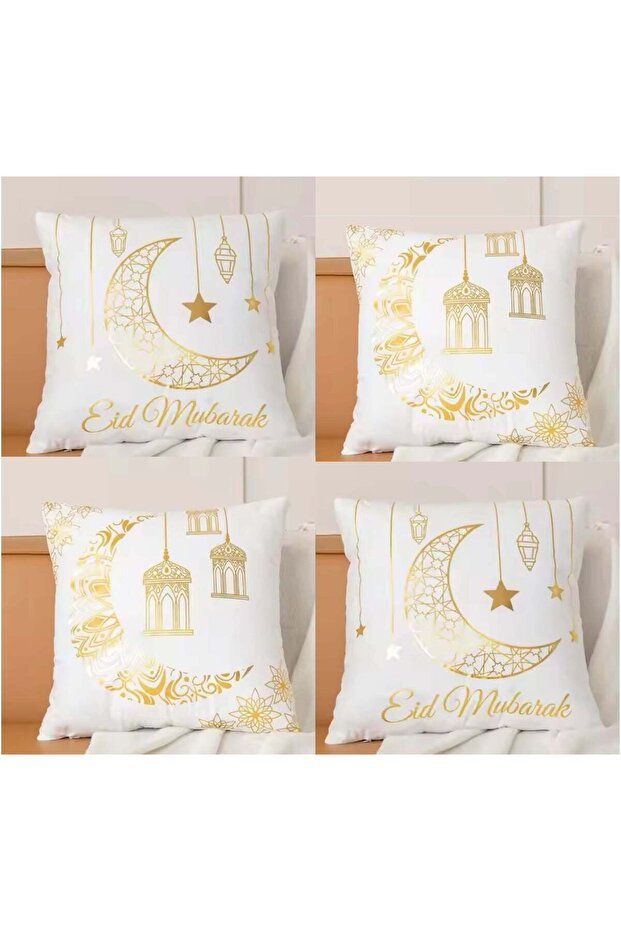 4 PCS Eid Mubarak Cushion Covers White And Golden Pillow Cases 45x45cm
