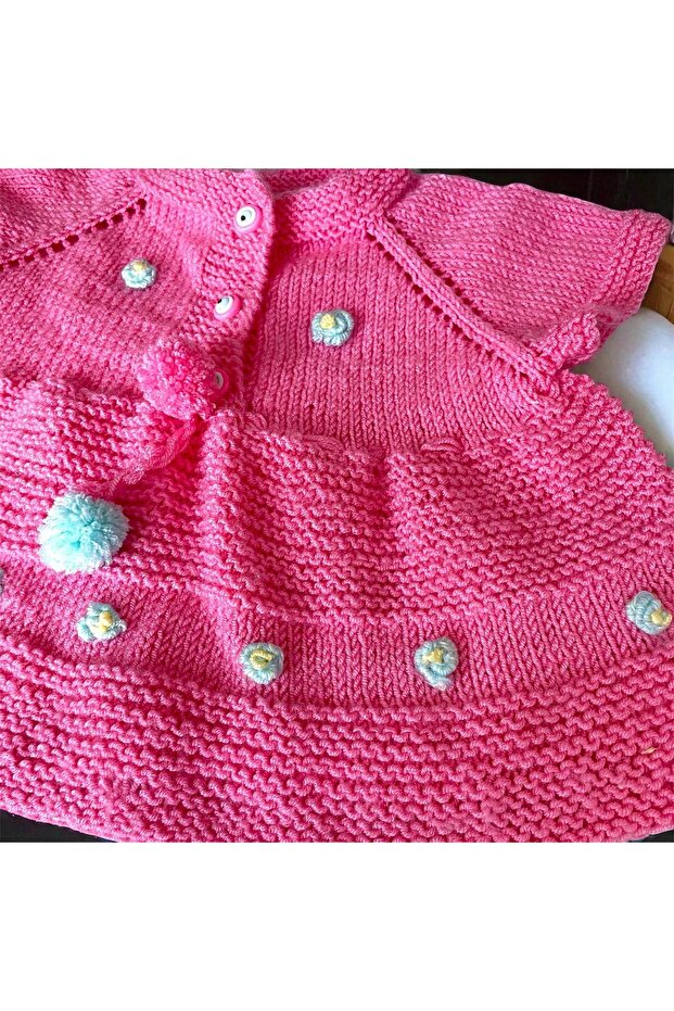 Bebek Çocuk örme El Örgüsü Elbise çiçek nakış işlemeli pembe - 3