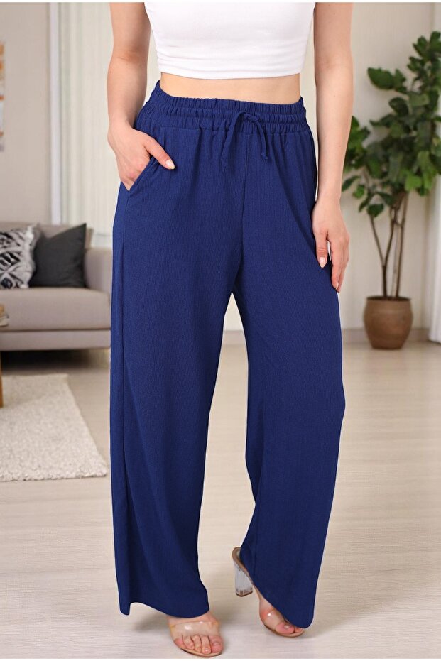 Women's Wrinkled Fabric Palazzo Pants - Elastic Waist, Wide Legs, Comfortable Fit