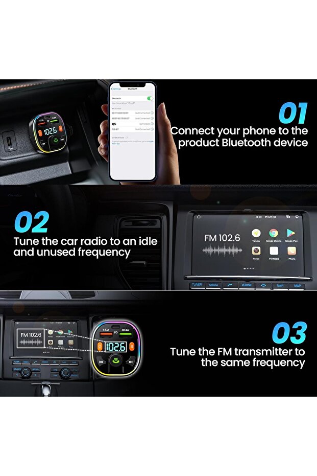 Araç içi Bluetooth Kiti FM Transmitter USB Type-C Flash Bellek/PD Şarj için Uygun RGB LED Işıklı - 4
