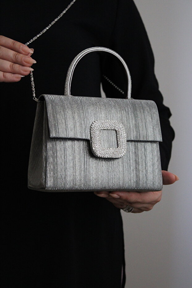 Women's Platinum Striped Glitter Evening Bag - Evening Bag with Crystal Stone Buckle