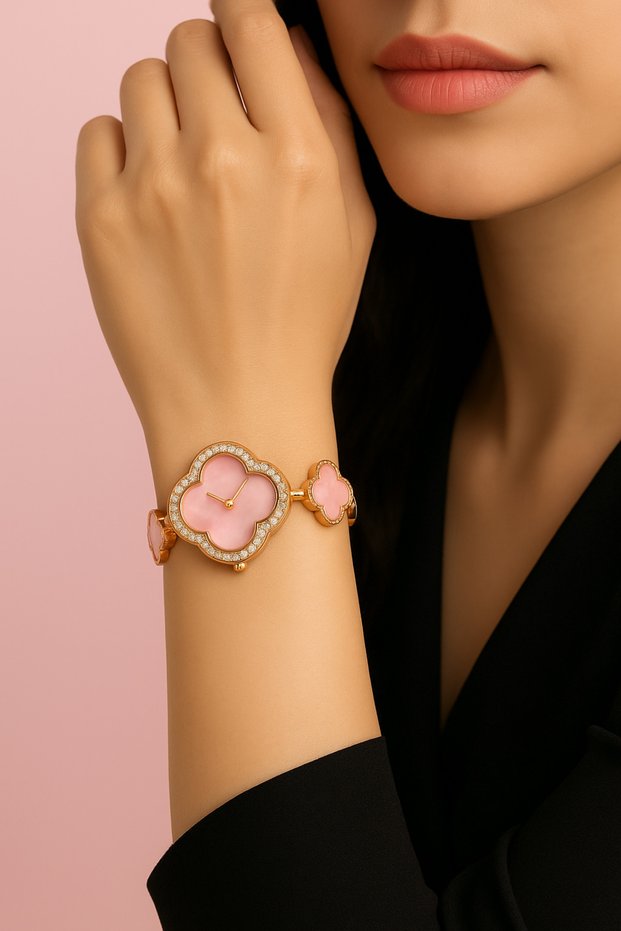 Pink Clover Design Women's Wristwatch – Stylish Bracelet Watch with Stones – Special Design