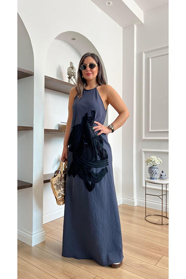 Önü Tül Detaylı Antrasit Uzun Elbise - 3