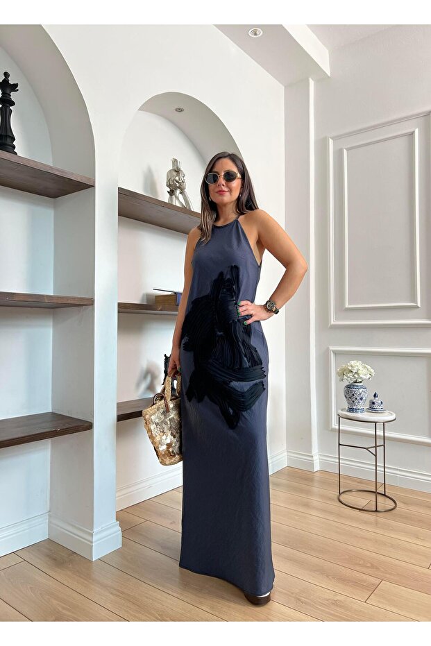 Önü Tül Detaylı Antrasit Uzun Elbise - 1