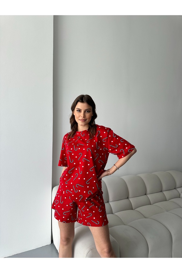 Kırmızı Şeker Kamışı Desenli Kısa Kollu Şortlu Pijama Takımı - 1
